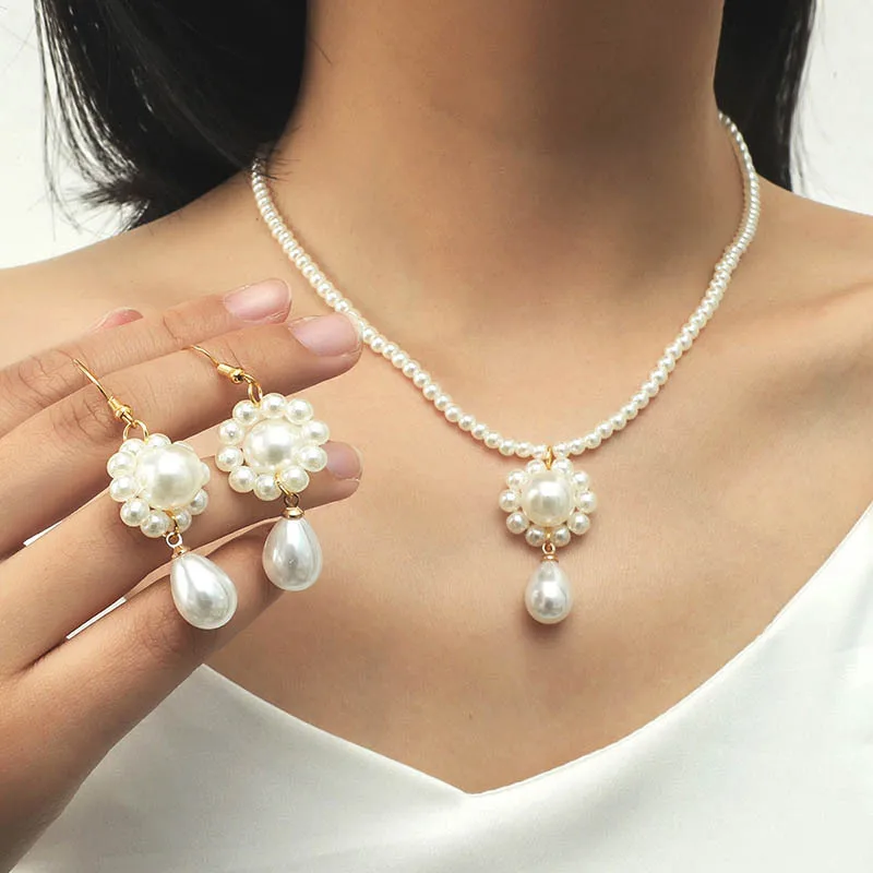 

Wholesale Fashion Personality Braided Pearl Earrings Necklace Jewelry Set Bridal Wedding Jewelry Sets, White