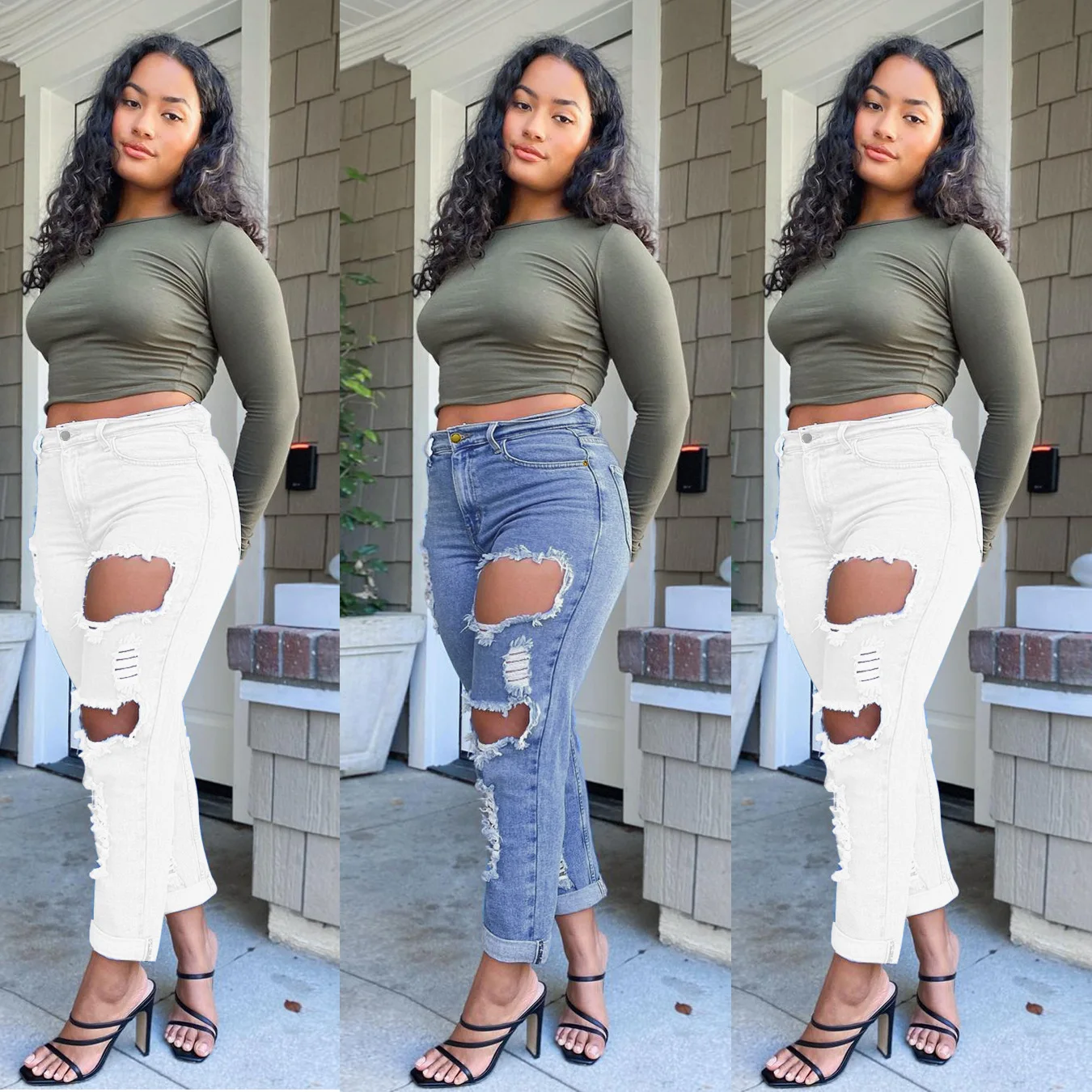 

Hot Selling New Products High Waist Slim Fit Ripped Denim Trousers