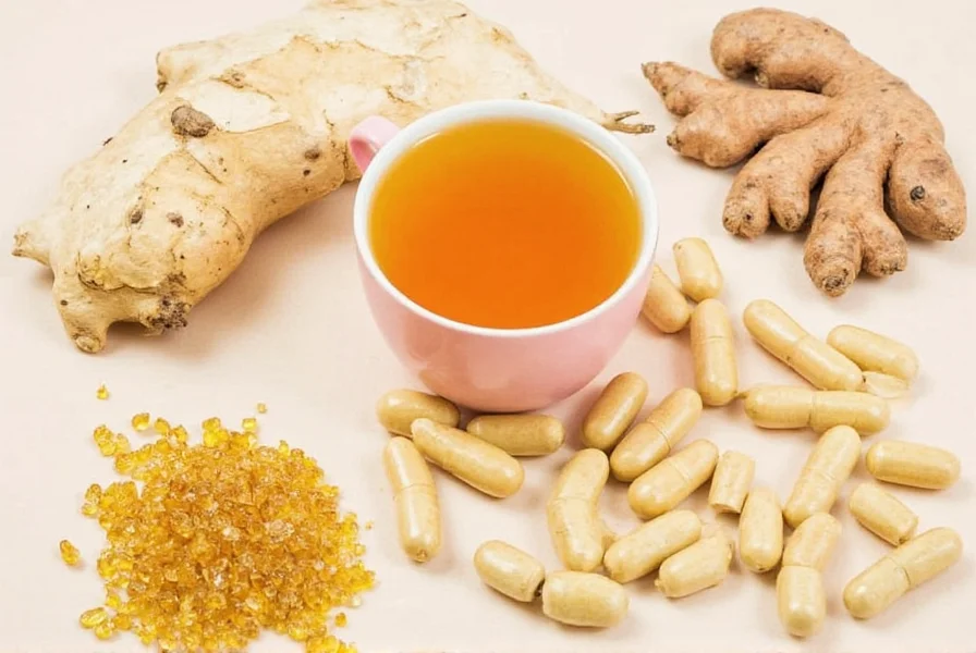 Various ginger preparations including fresh root, tea, capsules, and crystallized ginger