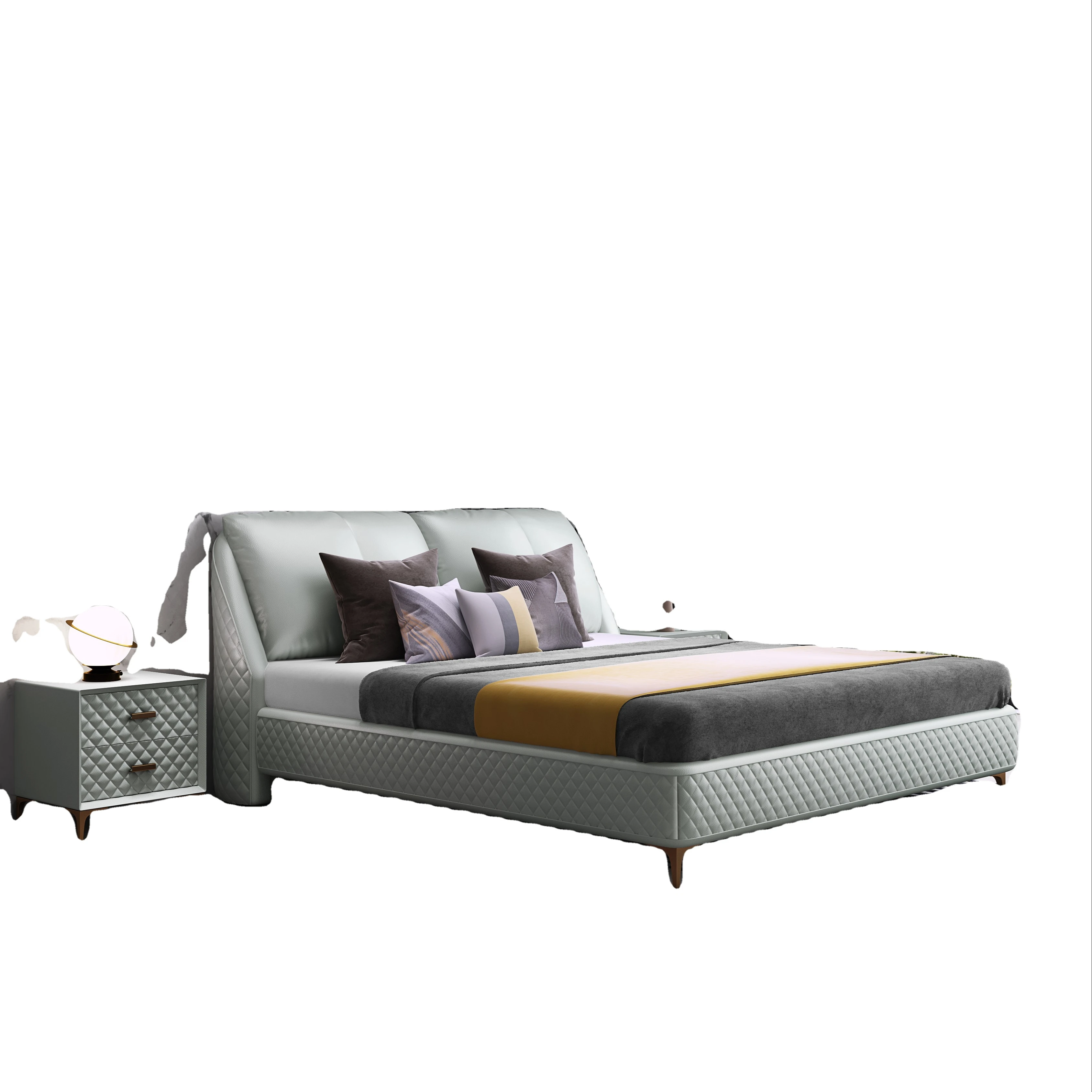 
modern luxury bedroom sets furniture upholstered real leather bed with extended headboard 