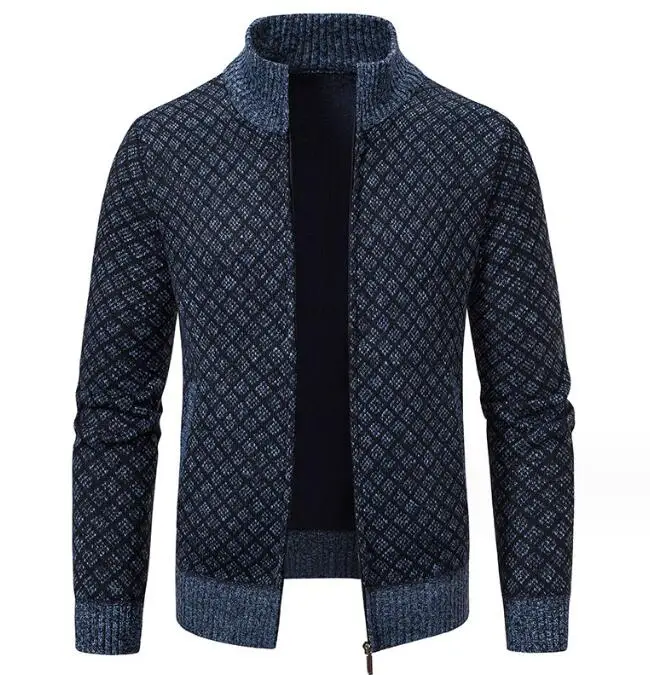 Autumn Winter Warm Sweater Men Stand Collar Plaid Zipper Coat Stand Collar Man Casual Cardigan Sweater Knit Jacket