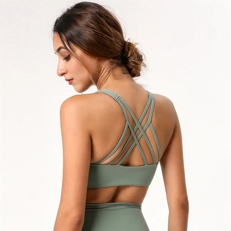 

2021 NCLAGEN Yoga Vest Women Sports Bra Underwear Gym Workout Running Push-up Halter Cross-Back Crop Bra Solid Color Fitness Top, Light blue, light purple, army green, black gray, navy blue