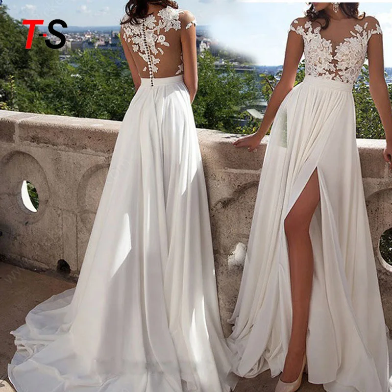 

Sexy Lace Slit Evening Gown Long White Wedding Dress