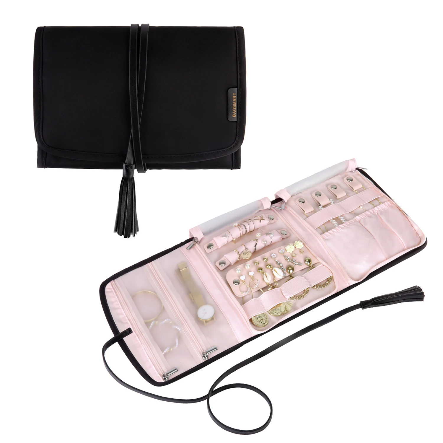 

worthfind OEM bolsa para joyas travel jewelry organizer case foldable floral jewelry roll with tassel jewelry organizer, Customization