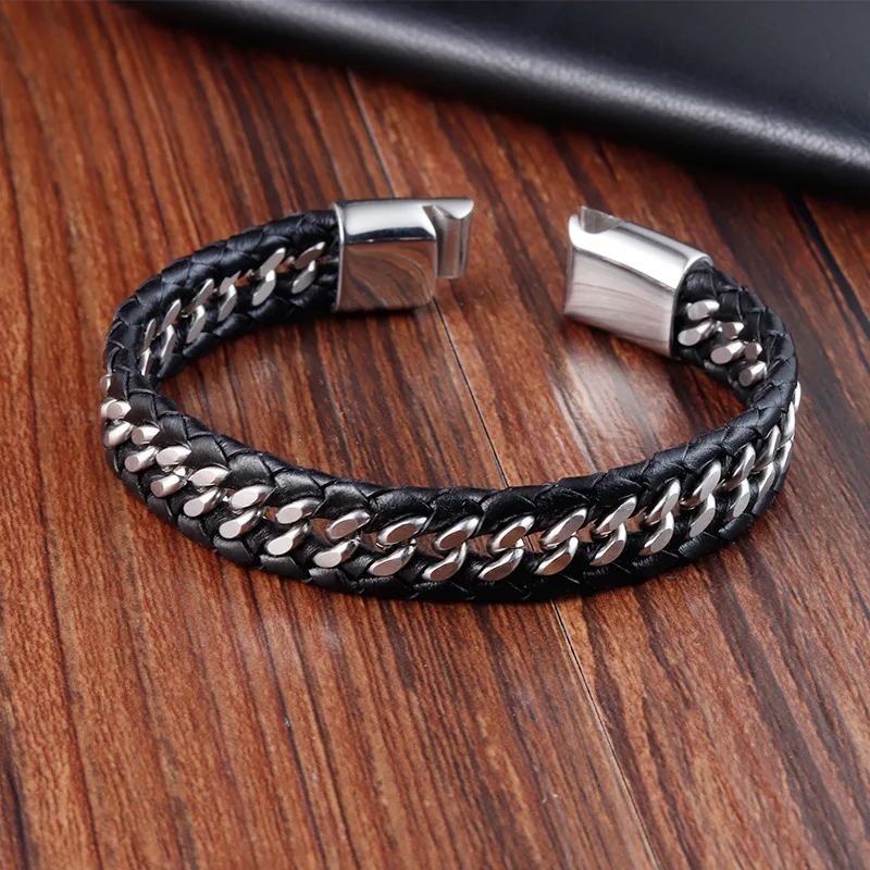 

Custom Fashion Handmade Luxury Braided Woven Twisted Rope Genuine Leather Stainless Steel Claps Black Leather Bracelet For Men