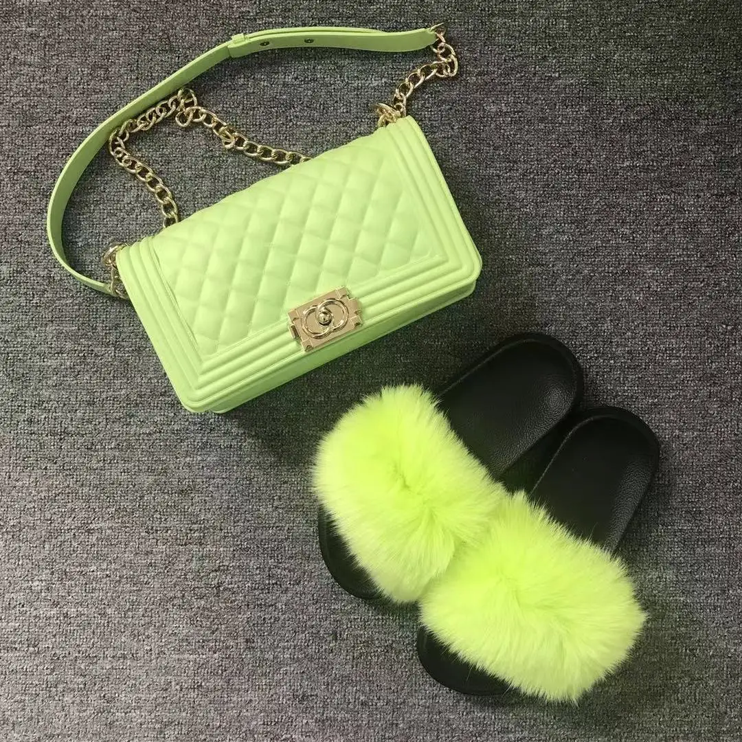 

Factory Direct Real Fox Fur Slippers Jelly Handbag Bag Set Wholesale Big Fur Slides And Matching Purse For Women