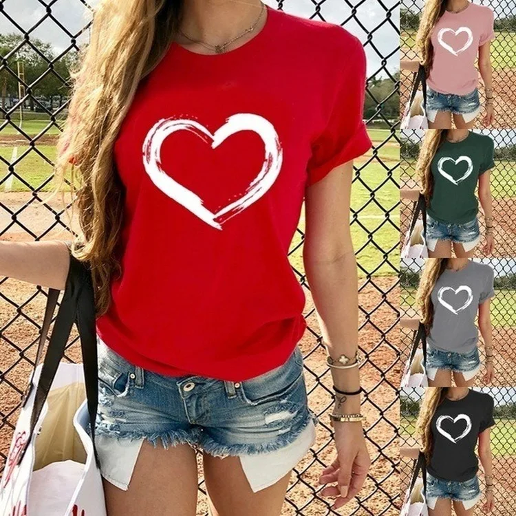 

Women Clothes Love Heart Print Sweet Short Sleeve Tshirt Printed Women Shirt T Female T-shirt Top Casual Woman Tee