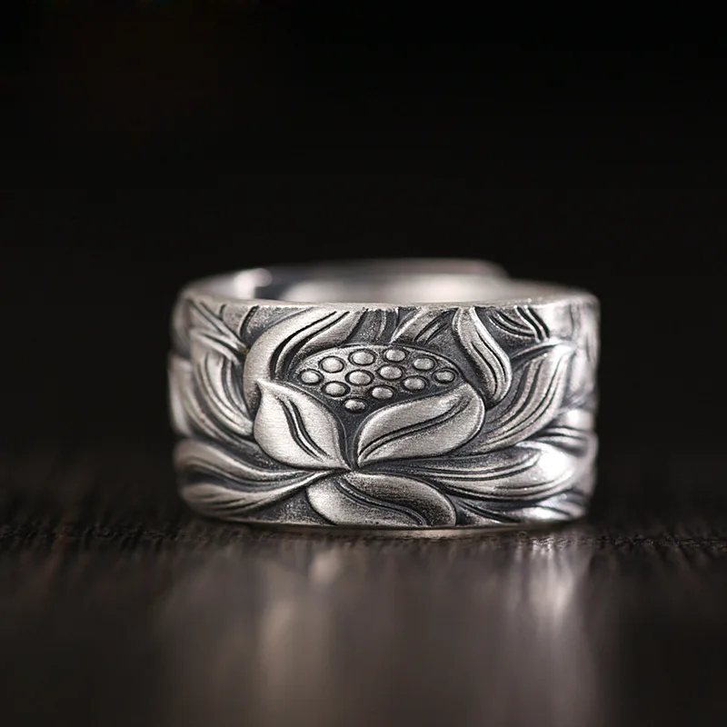 

Anillos Budistas Vintage Chinese Buddhist Heart Sutra Rings For Men Women Opening Adjustable Lotus Flower Ring