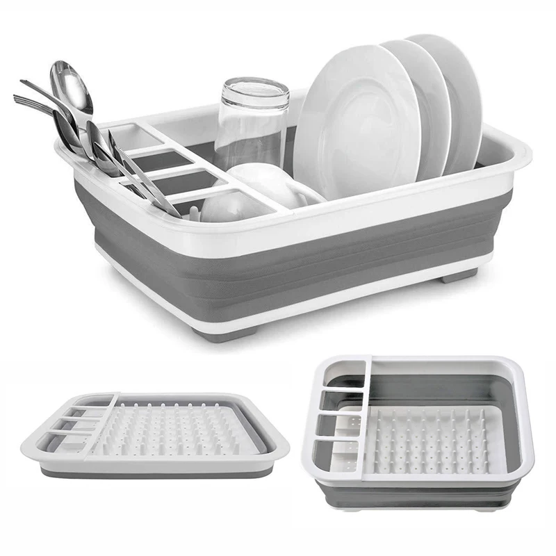 

Foldable Drying Rack Drainer Dinnerware Basket Organizer Collapsible Kitchen Storage Counter Silicone Sink Dish Drying Rack, Grey and blue