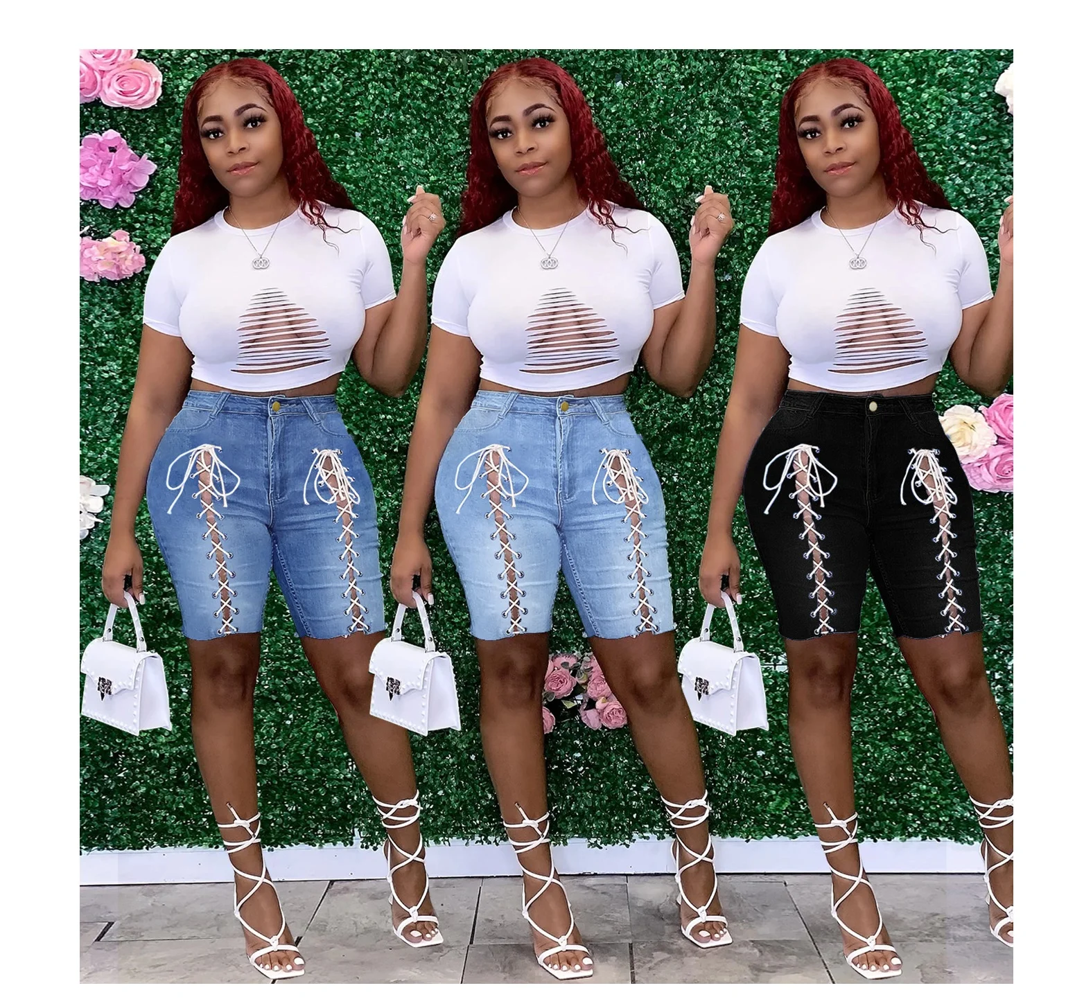 

ZN Hot sell summer lady blue bandage shorts denim high waisted plus size pants booty skinny womens jeans shorts