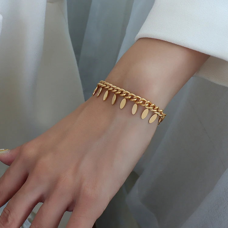 

Simple chain leaf charms tassel bracelet female titanium stainless steel 18K gold plated jewelry for woman, Optional as picture,or customized