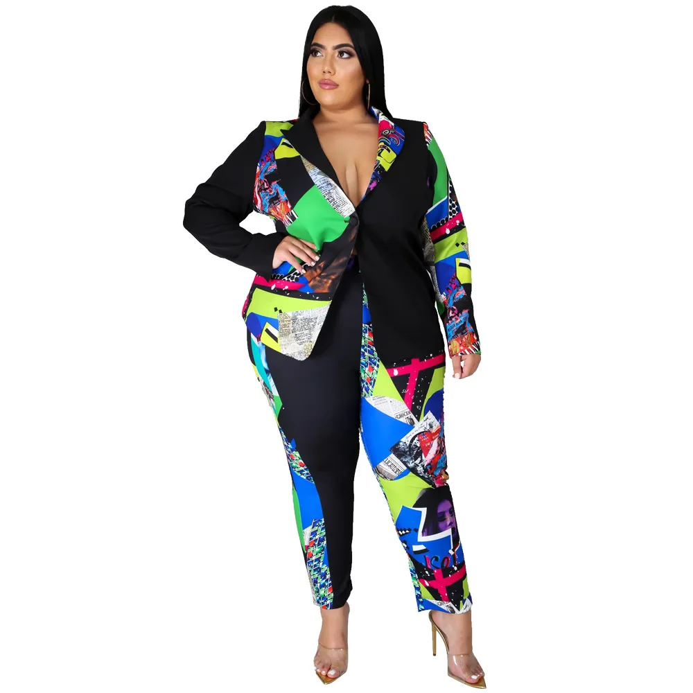 

Ready to ship winter and fall casual suits for women two piece set plus size straight pants printed women's suits