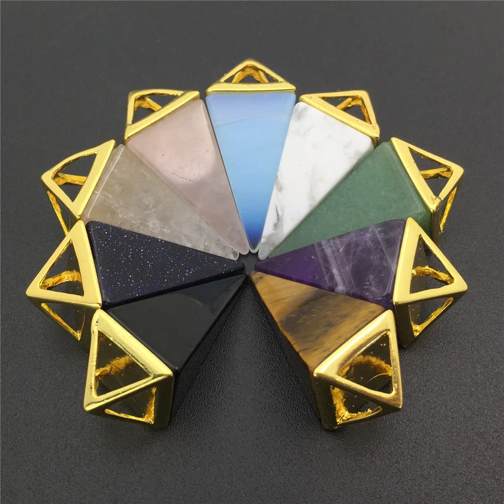 

Healing Gem Stone Crystal Quartz Natural Stone Hexagon Chakra Pendulum Gold Quadrangular Pyramid Pendant