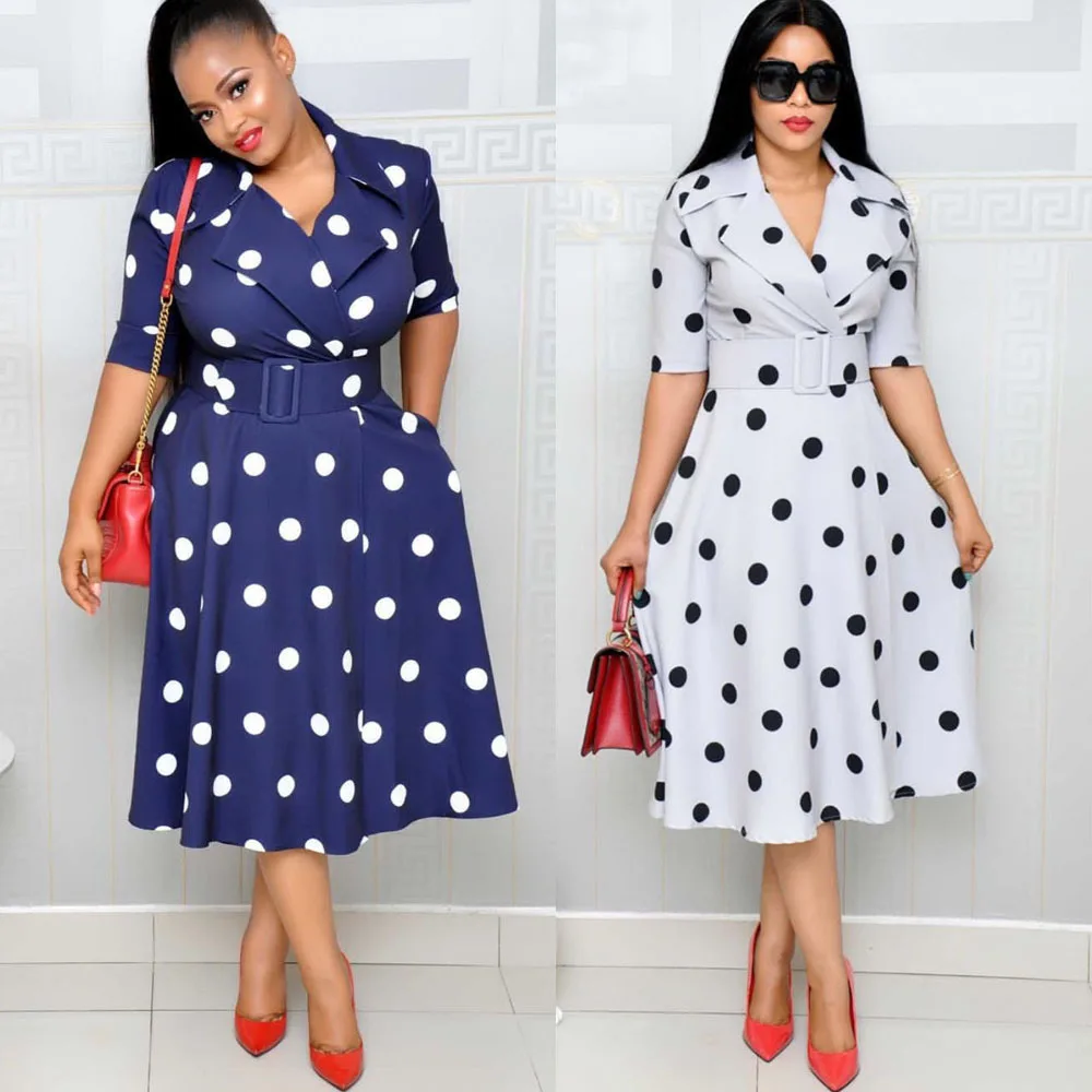 

Autumn Fashion Printed Ladies African Maxi Dress Summer Vestidos Verano Vintage Womens Polka Dot Print Elegant Casual Dresses