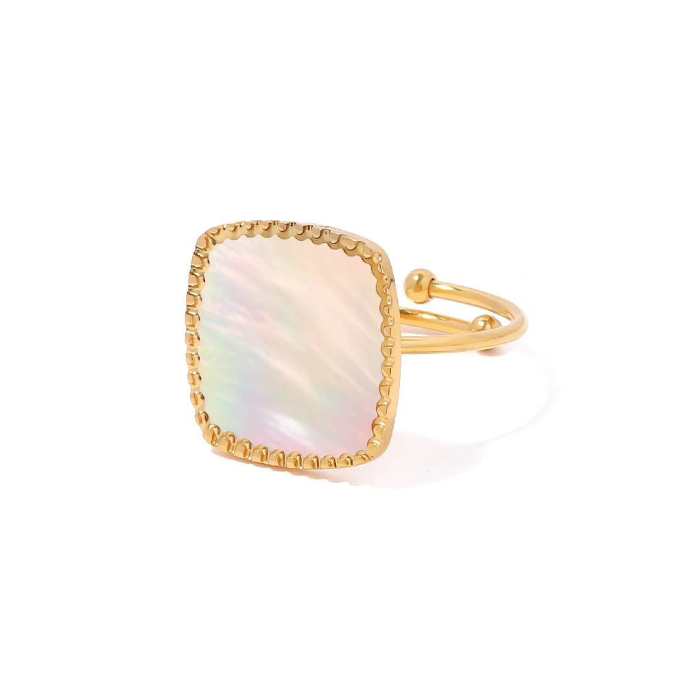 

Retro Charm Stainless Steel Jewelry 18k Gold Plated White Mother of Pearl Rectangle Finger Opening Rings