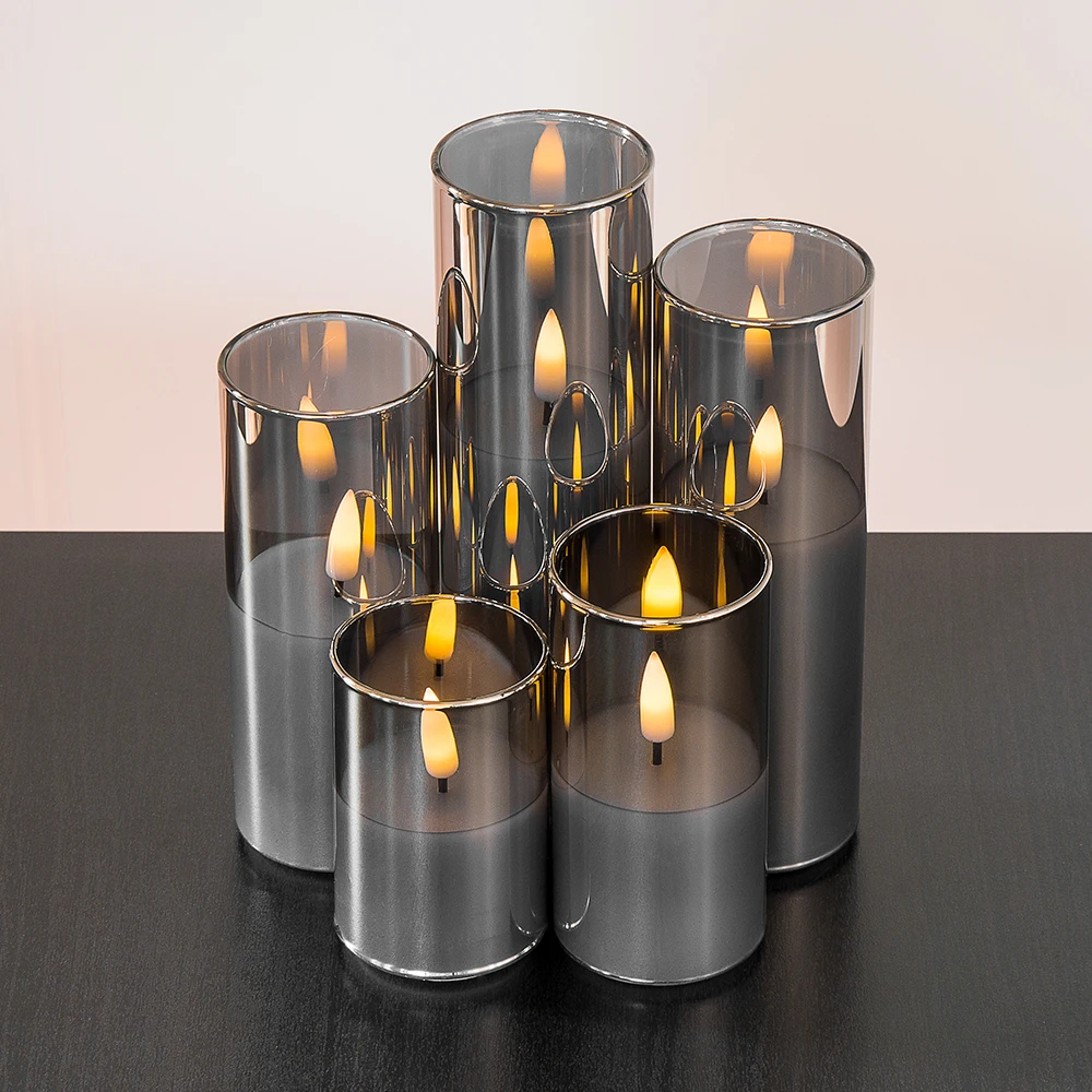 

Matti's Home decoration Set of 5 pillar grey glass led candle
