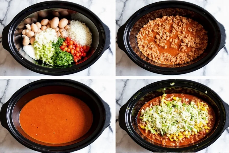 Step-by-step crockpot chicken chili preparation showing raw ingredients, slow cooker assembly, and finished dish with toppings