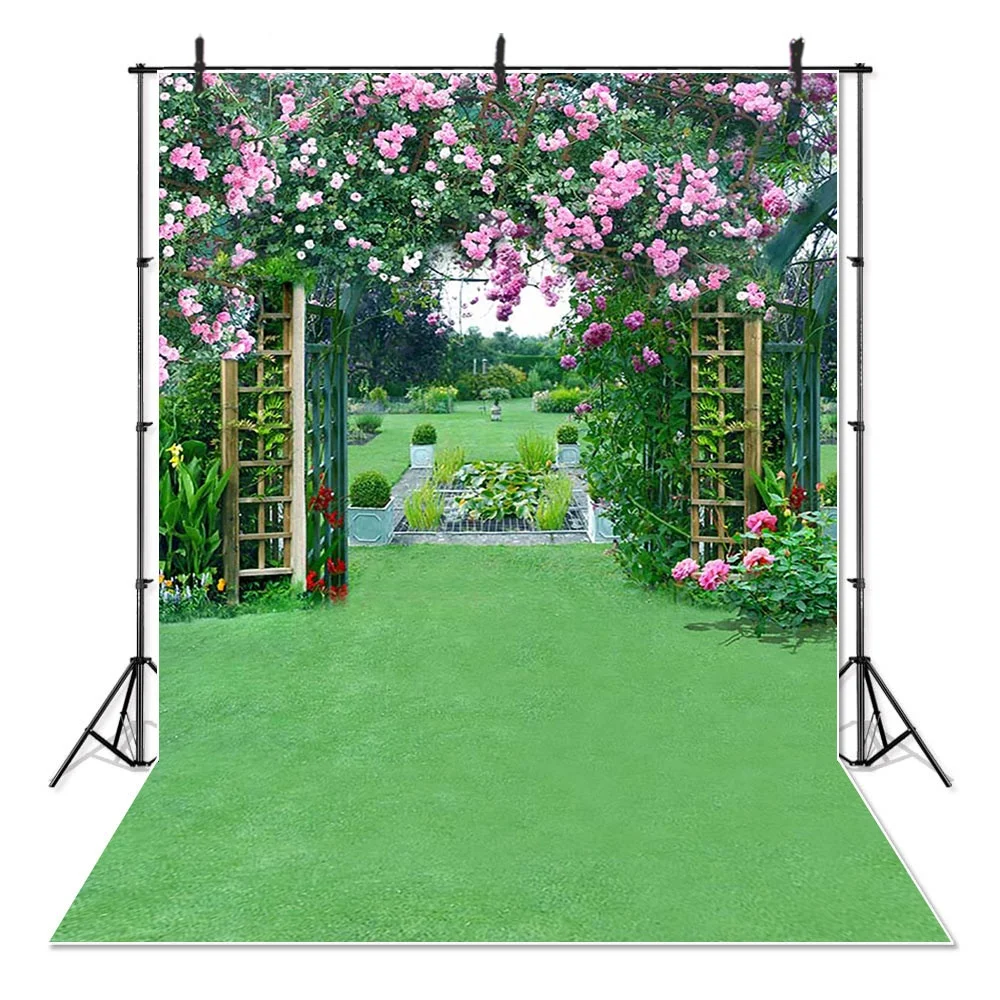 

Gate Fence Decoration Photography Backdrop Flowers Green Garden Photo Backgrounds for Wedding Celebration Studio Props, Customized