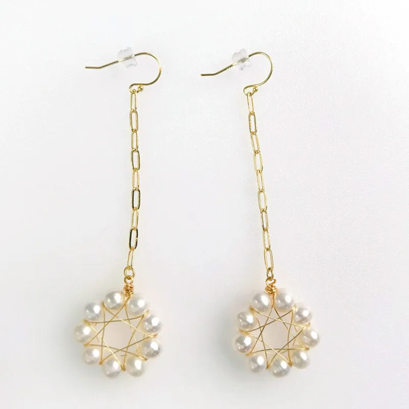 

E291 High Quality Geometric Brass chain Earring Round Circle Full Freshwater Long Dangle Real Pearl Jewelry