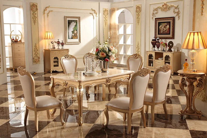 Luxury Champagne Gold Solid Wood 6 Chairs Dining Room Furniture Table