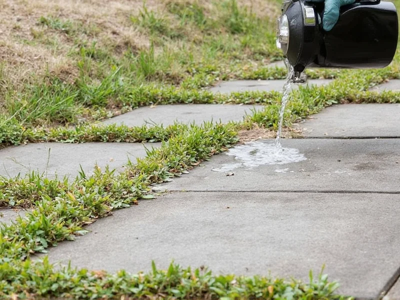 Pouring boiling water on weeds between concrete patio stones