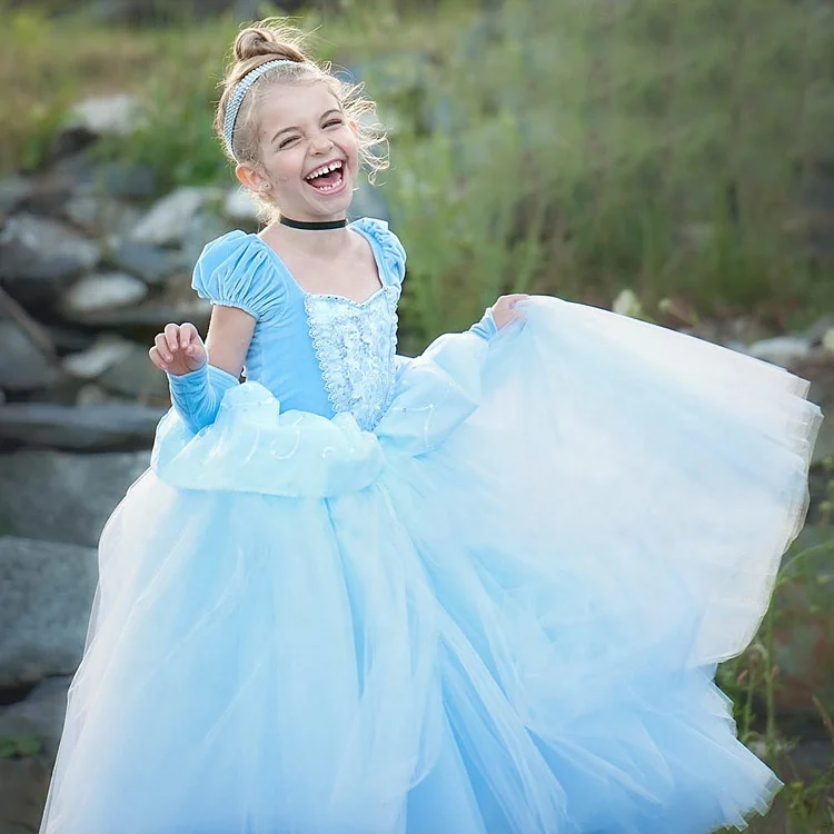 Children Party Ball Dresses Lantern Sleeve Floral Appliques Cinderella Cosplay Costume Pretty Princess Dresses