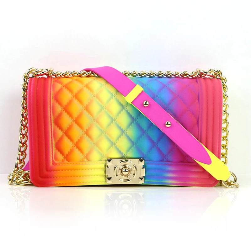 

Factory Wholesale Women Handbags Jelly Matte Rainbow Color PVC Shoulder Bags Luxury Candy Jelly Ladies Chain Hand Bags, 12 colors