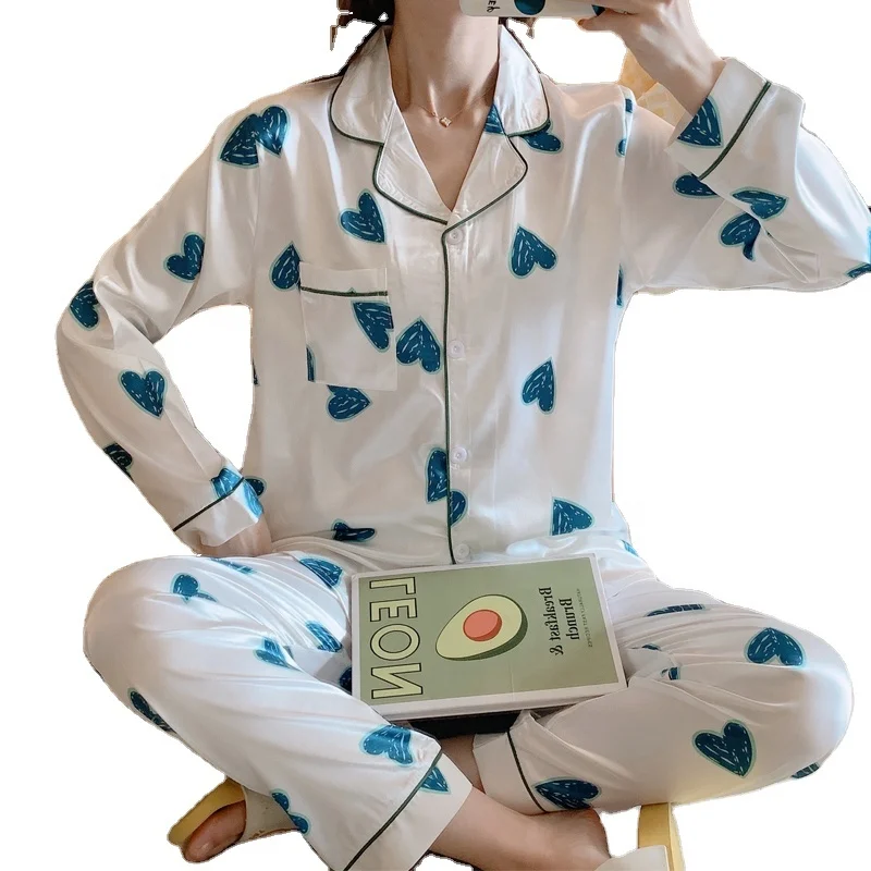 

2 Pcs Soft Ladies Emulation Silk Satin Night Suit Printed Sleepwear Homewear Plus Size Pajamas Women, Picture color