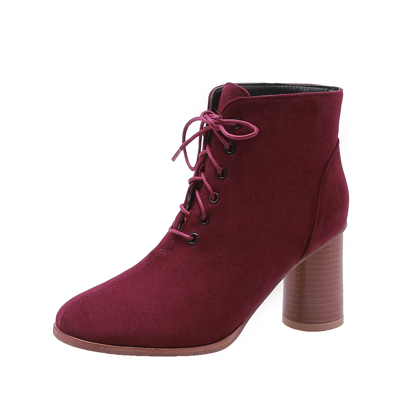 

Winter New Style Round Head Suede Leather High Heels Lace-Up Wooden Heel Ankle Boots, Black wine red ecru