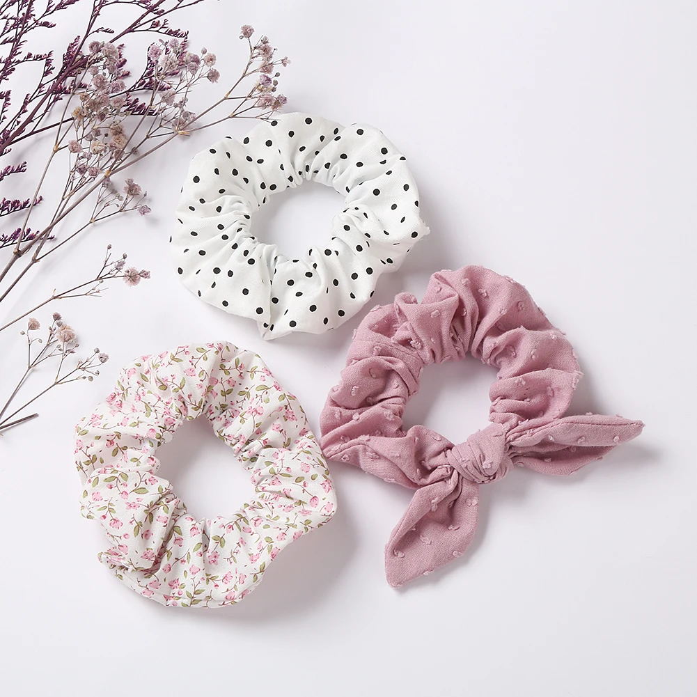 

3Pcs/Lot Flower Dot Print Ties Ropes Girls Ponytail Holders Vintage Elastic Rubber Band Fashion Hair Scrunchies Accessories, Picture