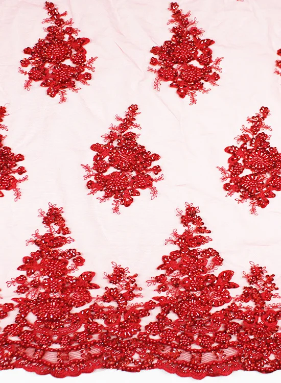 奢华红色串珠刺绣晚会晚礼服女士蕾丝面料