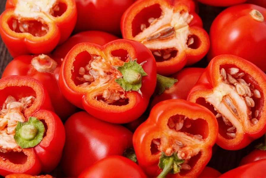 Close-up view of sliced red bell peppers showing vibrant interior and seeds, highlighting their nutrient-rich composition