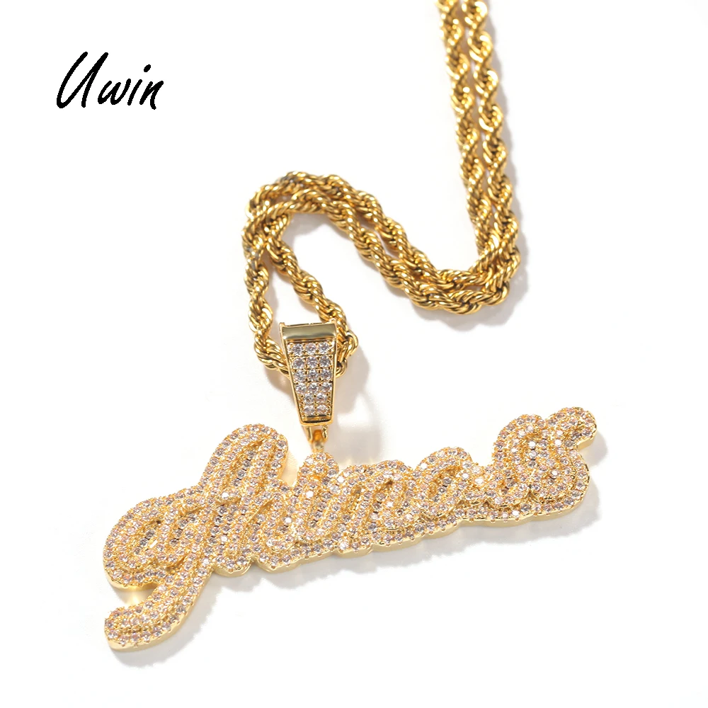 

UWIN New Arrival Iced Out Custom Names Pendant Necklaces CZ Name Jewelry with Rope Cuban Chain Women Man
