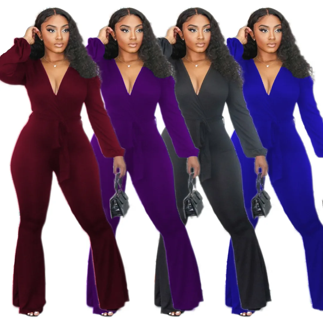 

Fall High Quality Sexy Nightclub Wear V-Neck Long Sleeve Fashion Casual Flared Pants Wide Leg Jumpsuit