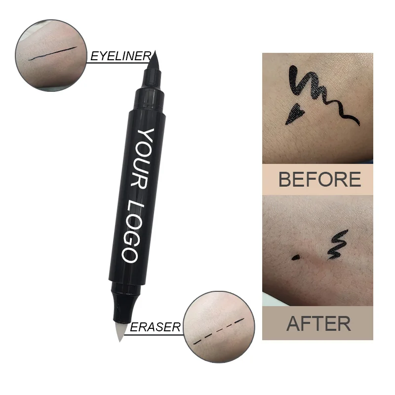 

No Logo Waterproof Double Head Liquid Eyeliner Stamp with Eraser 2 Double-sided Winged Eyeliner Pen, Black color