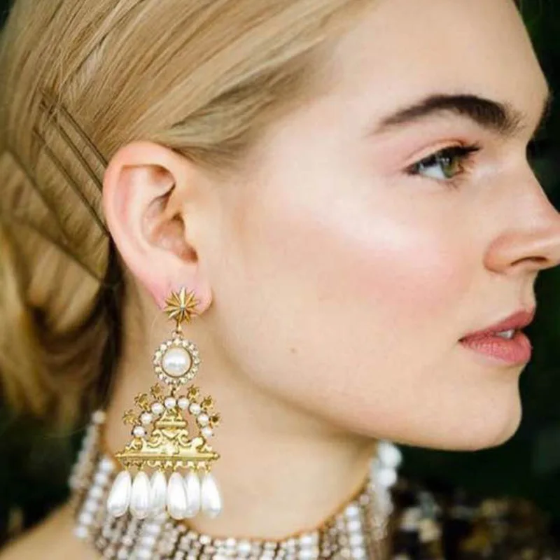 

Japan and South Korea fashion metal Pearl Pendant Earrings tassel beaded earrings