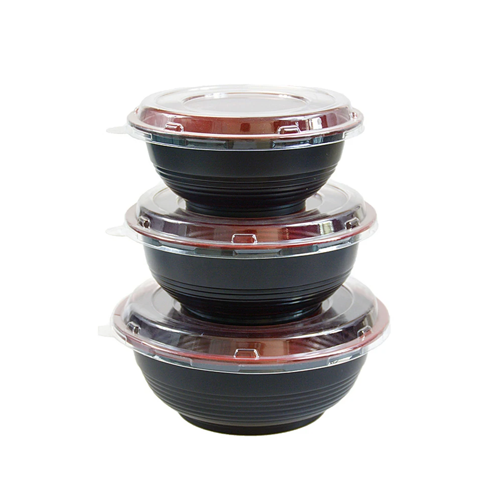 

Quality Black Red Disposable Plastic Food Container Soup Salad Noodle Microwave Poke Soup Bowl With OPS Lid