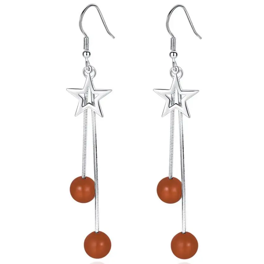 

Japanese and Korean style five-pointed star ear hook femininity fringe exaggerated long red pearl earrings