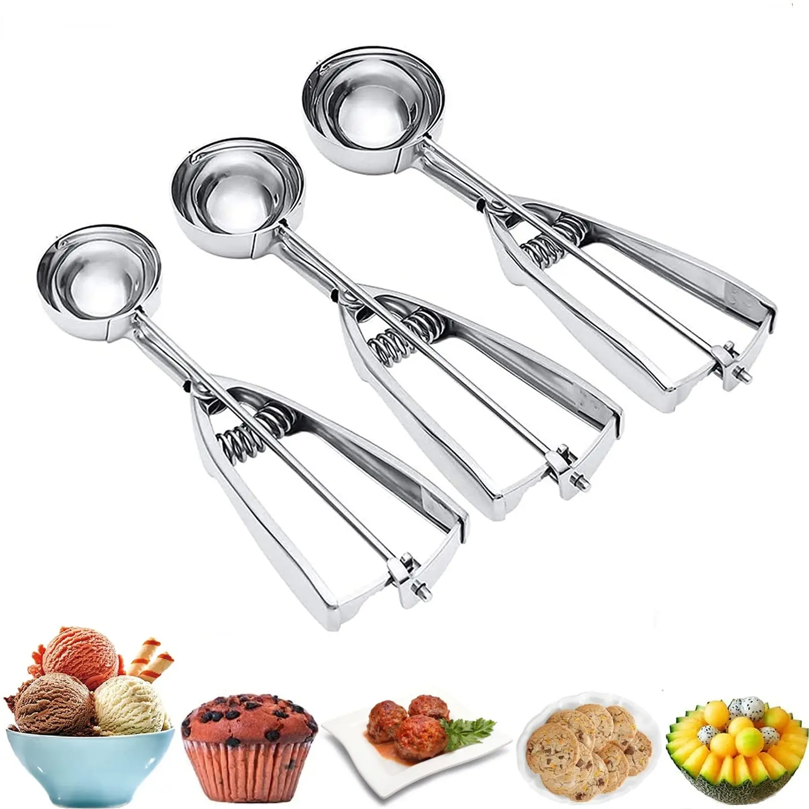 

Ice Cream Scoop 3Pcs Cookie Scoop Set Stainless Steel Scooper with Trigger Release Large/Medium/Small Size