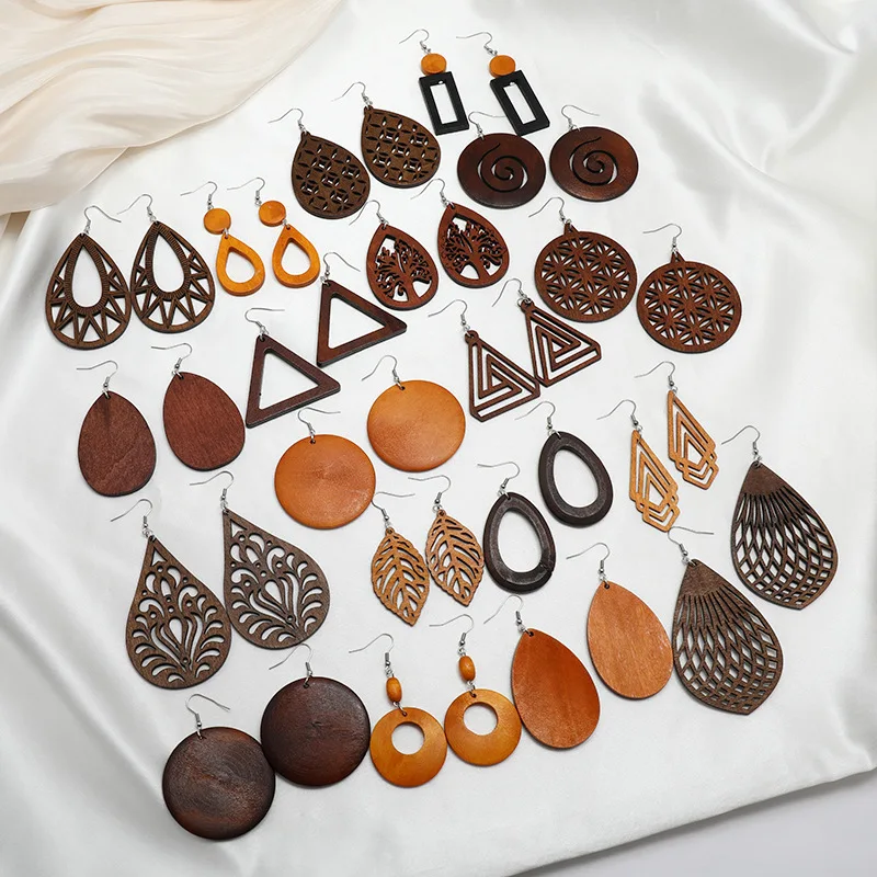 

Wholesale Boho Earrings European And American Fashion Exaggerated Geometry Hollow Wooden Earrings