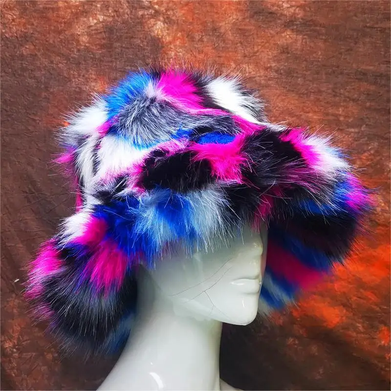 

Fashion Women Faux Fur Tie-dye Bucket Hats Fluffy Plush Fisherman Caps Outdoor Winter Warm