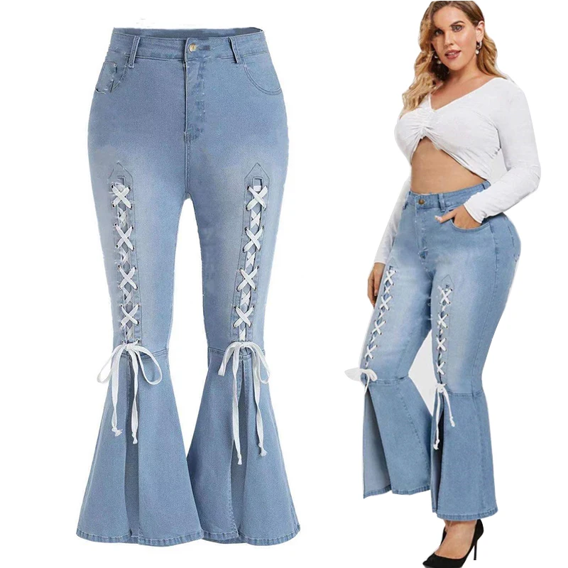

2021 New hot sale Summer plus Size L-5XL High Waist Ladies Blue Jeans Women Loose Slim Lace-up Flare Denim Pants