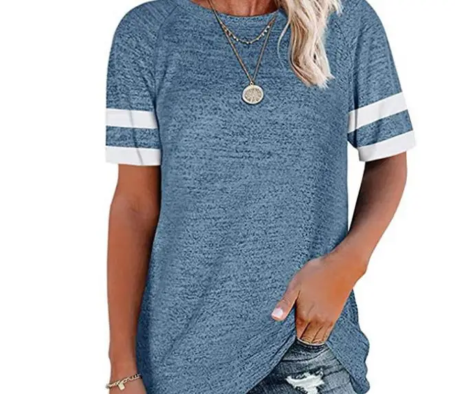 

2021 summer T-shirt O neck matching color short-sleeved loose casual top T-shirt for women