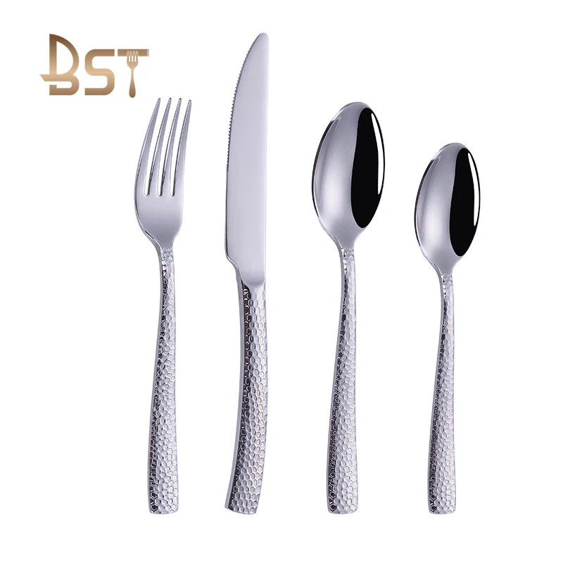 

Amazon Best Sale 4 Pcs Mirror Finished Hammered Stainless Steel Flatware Cutlery Set