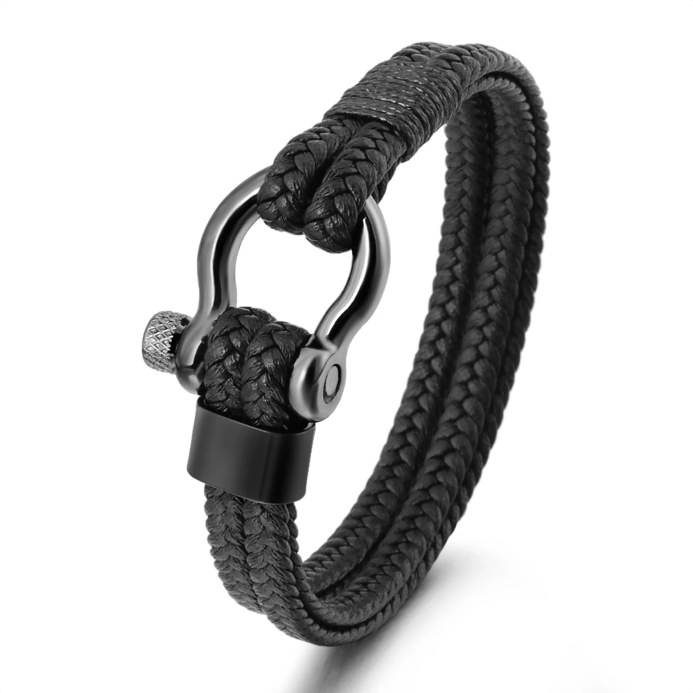 

New double-layer braided handmade cowhide bracelet stainless steel horseshoe buckle bracelet, Black