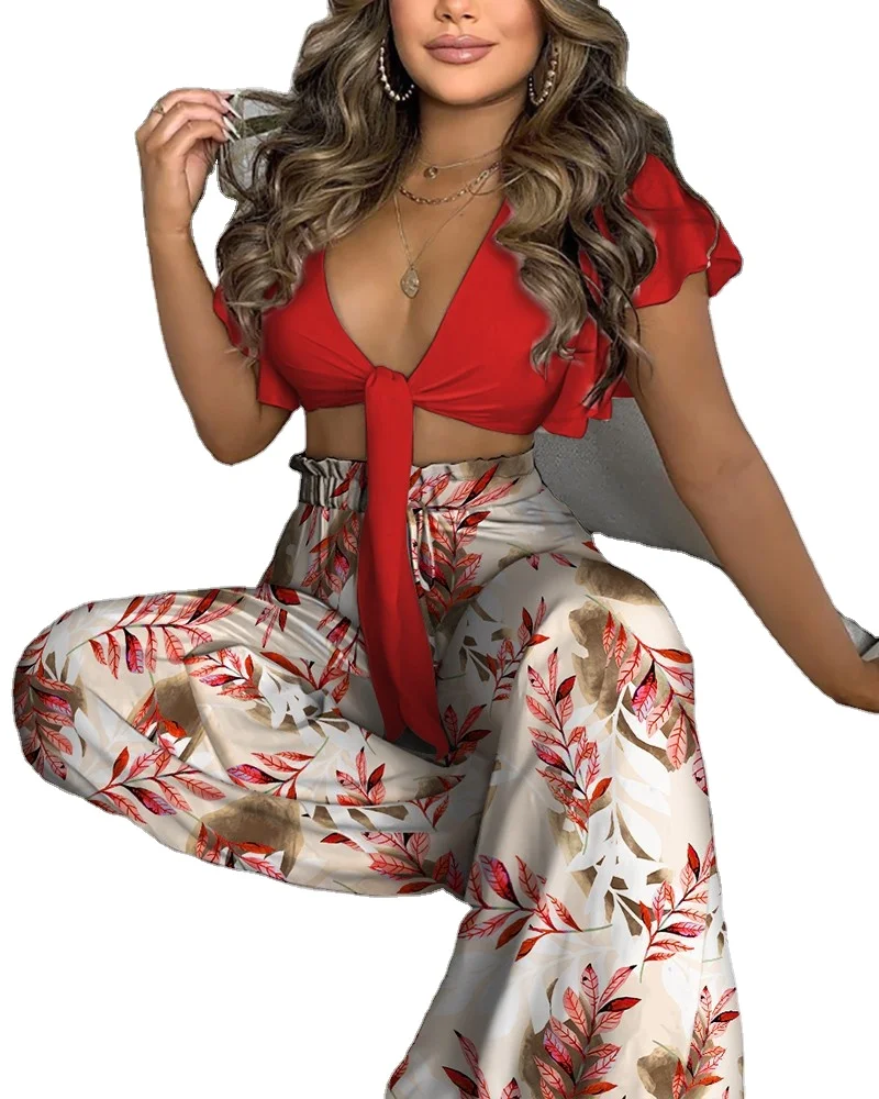 

Ruffle Trim Knotted Crop Top & High Waist Wide Leg Pants Set neon clothing