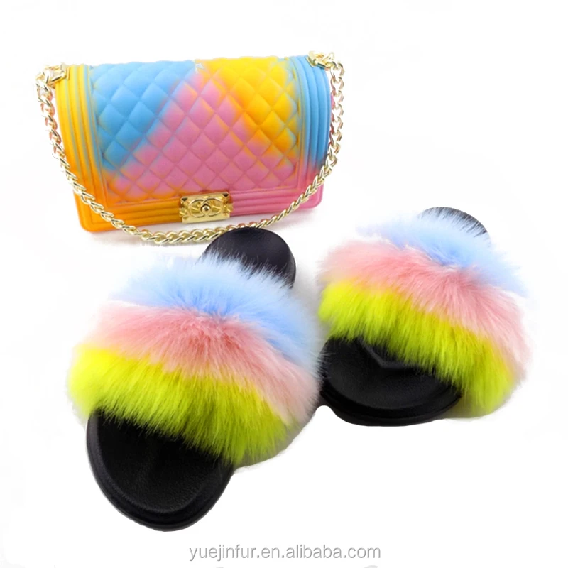 

Purse Sets Slides With Set Fur Slide Stylish High Quality Fur Slippers And Purse Set, Customized color