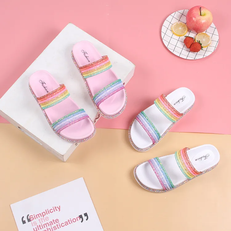 

2020 New Thick Bottom Slope Heel Beach Shoes Fit Summer Women Rainbow Slippers, Pink/white