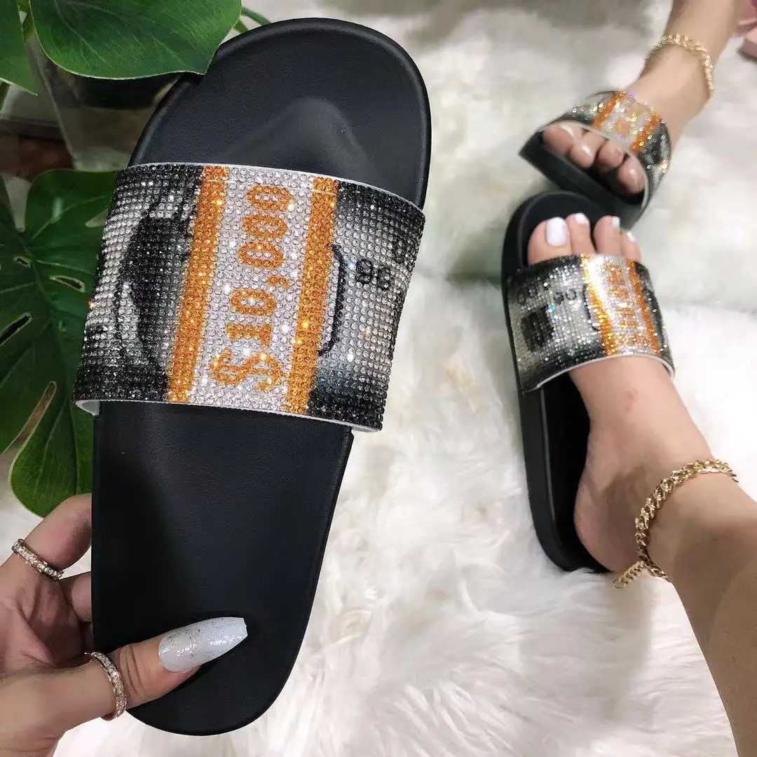 

Sandals 2021 New Arrivals Flat Popular design Dollar shoes with shiny diamonds sandals for lady flat rhinestones women slippers, Black/ pink/white