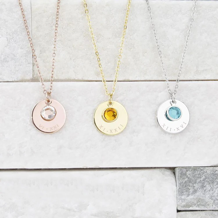 

personalized gold plated 925 sterling silver engraved initial letter coin birthstone pendant necklace for women, Silver /gold/rose gold color